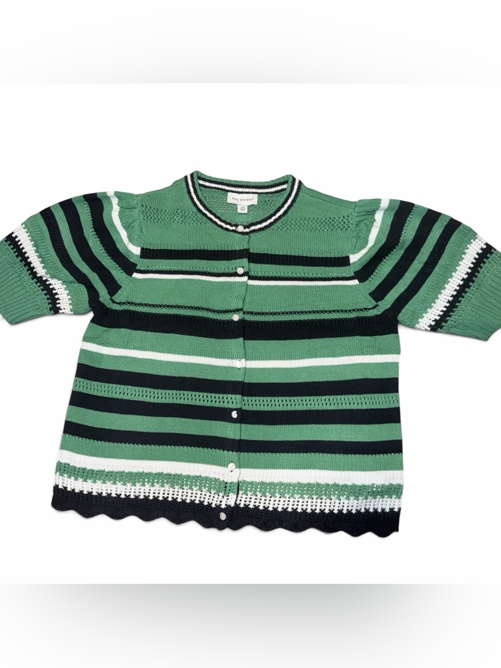 Striped Green Short-Sleeve Knit Cardigan Sweater